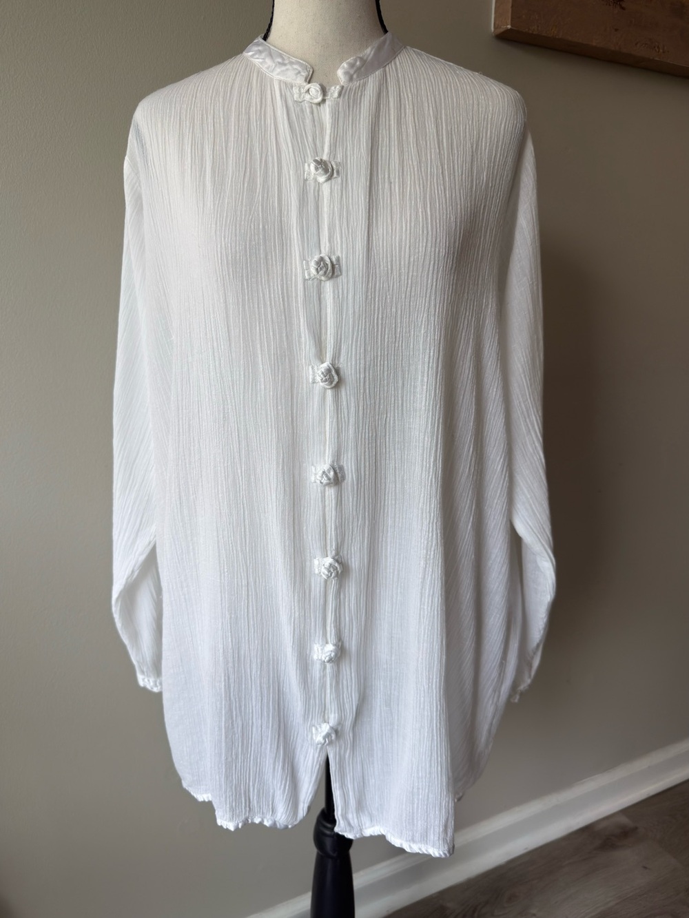 Vintage 90s Cotton Ginny White Crinkle Gauze Mandarin Collar Tunic L